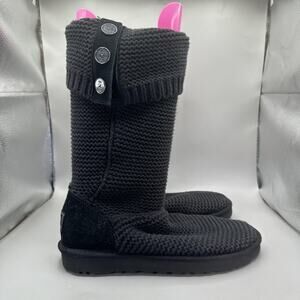 UGG Classic Cardy Boots Womens Size 11 Black Knit Button Tall Winter Cozy